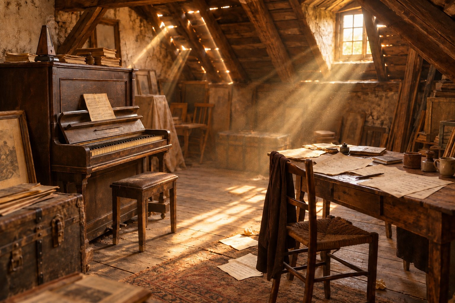 Un solaio immaginario: raggi di sole dorato tra le travi, un vecchio pianoforte e una scrivania con fogli sparsi